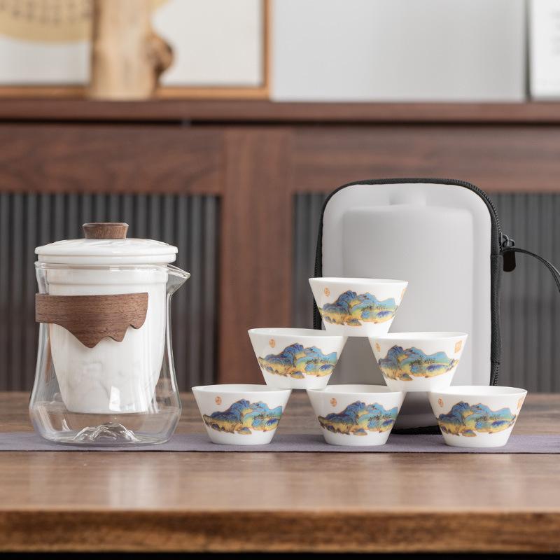 Jade porcelain travel tea set, a pot of six cups set, gifts for the company's business annual meeting, gifts for leaders, teachers, and fathers