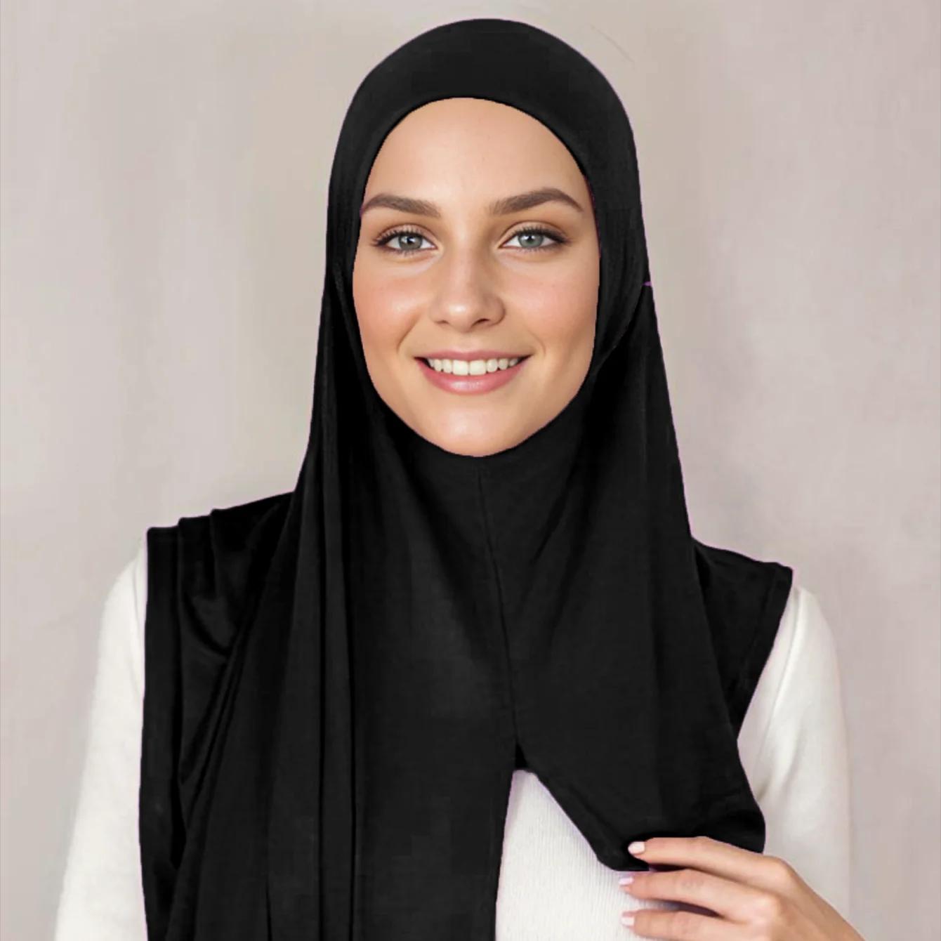 

Newest Soft Cotton Jersey Double Loop Instant Hijab Muslim Headwrap Islamic Headscarf Scarf чёрный