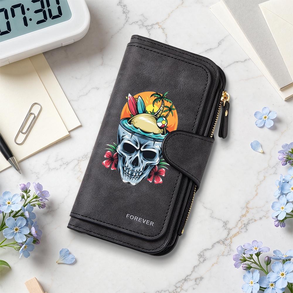 Skull Pattern Long Wallet Summer Beach Style Zipper Purse Forever Fashion Card Holder For Daily Use