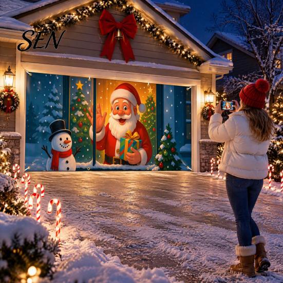 Outdoor Winter Party Supplies Christmas Garage Door Cover, Holiday Hanging Banner Backdrop, Decoration Santa Claus Snowman Truck Photography