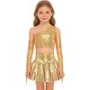 Meisjes Performance Outfit Metallic Glanzend Cold Shoulder Crop Top Lange Mouwen Kwastjes Design Feest Bellenrok