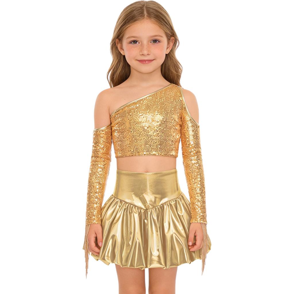 Meisjes Performance Outfit Metallic Glanzend Cold Shoulder Crop Top Lange Mouwen Kwastjes Design Feest Bellenrok
