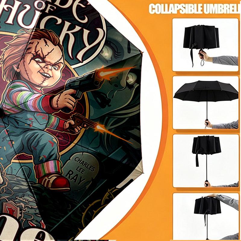 Custom Name Personalized Horror Theme Chucky Print Umbrella, Auto Open Close, 8‑Rib Sturdy Frame, Commute Camping Hiking Use, Birthday Gift