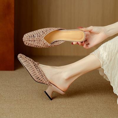 Fashion NEW Summer Women Mules Fashion Shoes for Women Pointed Toe High Heel Slippers Cover Toe Slingback Sandals Weave Handmade Shoes