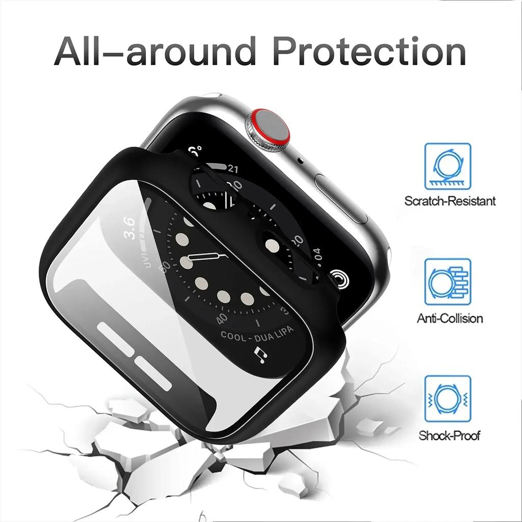 Tempered Glass+cover For Apple Watch 9 8 41mm 45mm 42mm 38mm PC Bumper Screen Protector Case iWatch Series 7 6 5 4 Se 44mm 40mm
