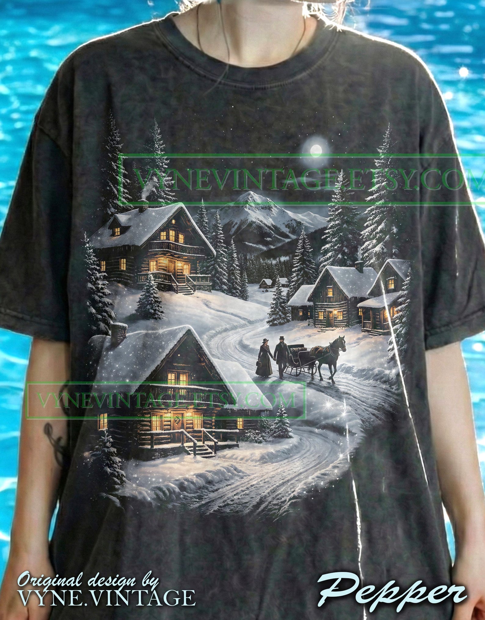 Vintage Winter Village Comfort Colors® Tshirt, Snowy Landscape Tees, Christmas Eve Sweater, Cozy Cabin Tanktop, Nature Lover Couple Art M