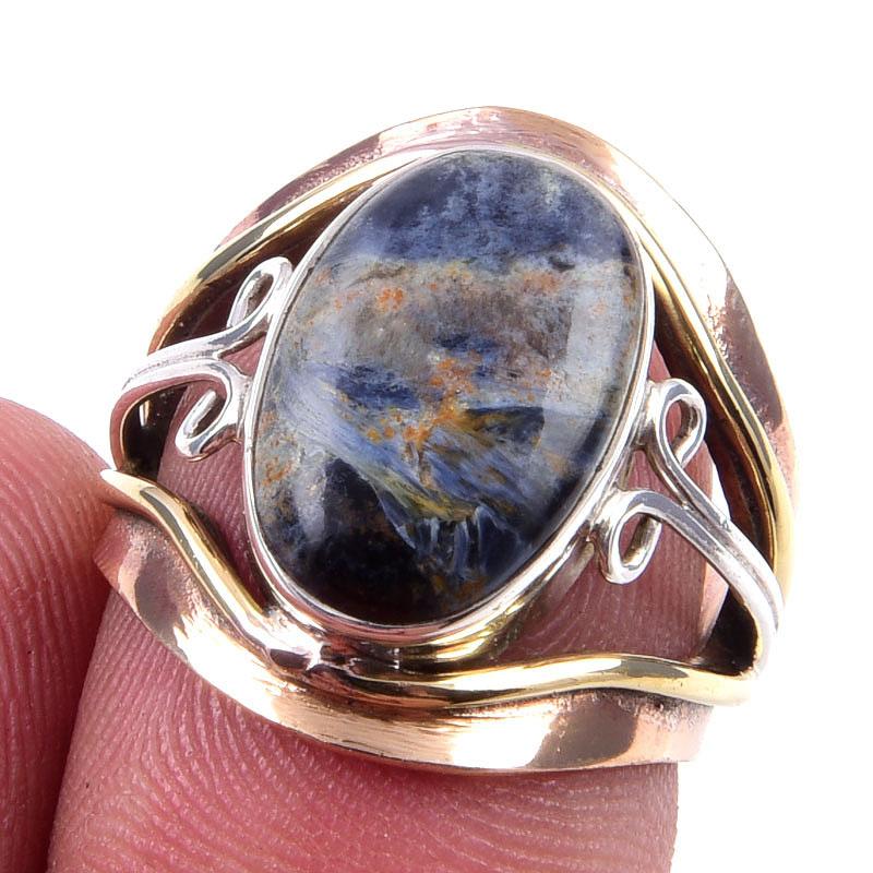 

Кольцо из двухцветного серебра 925 пробы с натуральным драгоценным камнем Питерсит ручной работы S.5 A8A31