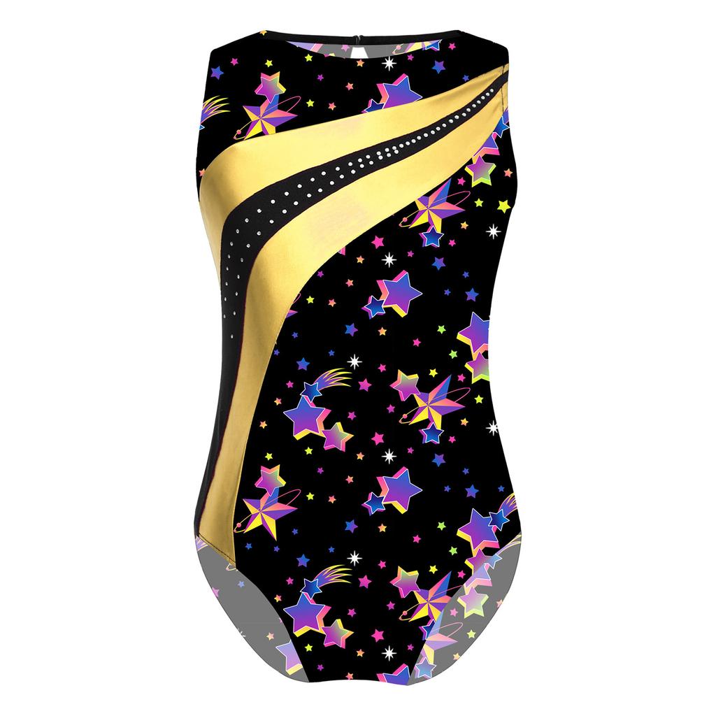 Kids Girls Sport Dance Leotard Sleeveless Keyhole Back Print Patchwork Athletic Bodysuit Teens Yoga Skating Gymnastics Jumpsuit