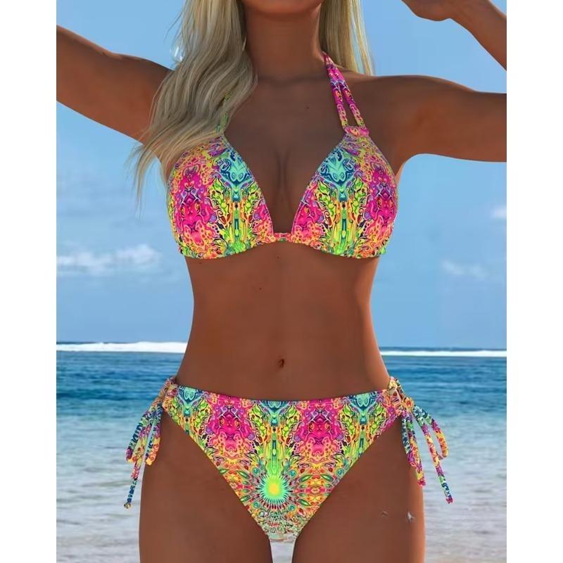 2026 New European and American Printed Bikini Split Swimsuit Women's Thin Lace-up Beach Fashion Swimsuit Suit