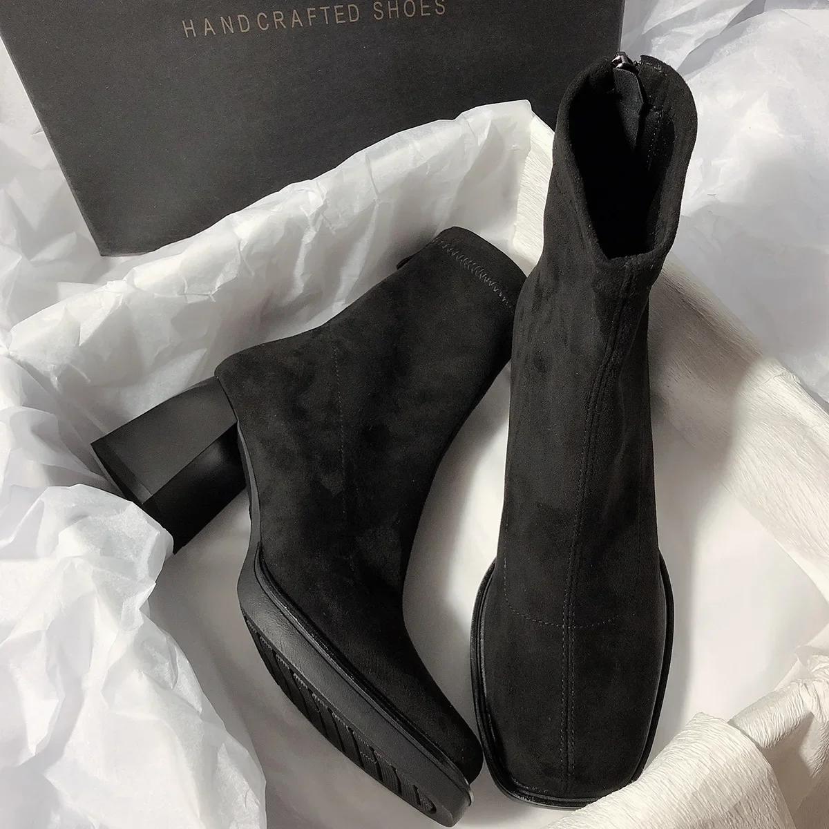 

Женские ботильоны с квадратным носком, элегантные, на высоком каблуке, с молнией сзади, замшевые короткие ботильоны, зимняя женская обувь Mordern 2024 35 чёрный