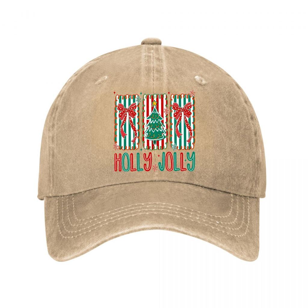 Holly Jolly Christmas Tree Bow Striped Decor Washed Baseball Cap Outdoor For Womens Unisex FeUnisex