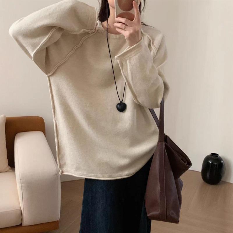 Loose large size lazy wind pullover sweater women's autumn and winter new design soft waxy crew neck knitted sweater