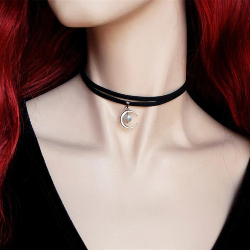 Personality Retro Double Layer Black Velvet Crescent Moon Spectrolite Pendant Necklace for Women Y2K Jewelry Accessories Gifts
