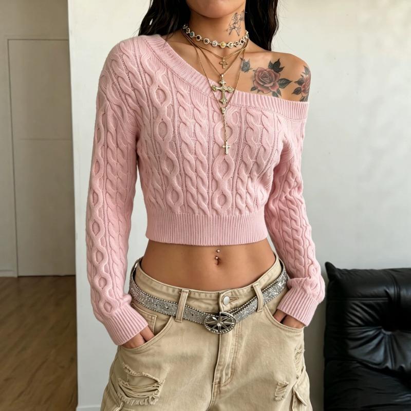 Women S Slim Fit Off Shoulder Twist Knit Sweater Short Length Long Sleeve Sexy S
