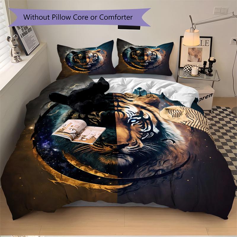 3pcs Twilight Tiger Quilt Set Cartoon Themed Bed Quilt Set Lovely Character Bedroom Decor Bed Quilt Set Four Seasons (1 Cover + 2Pillowcase NO Co