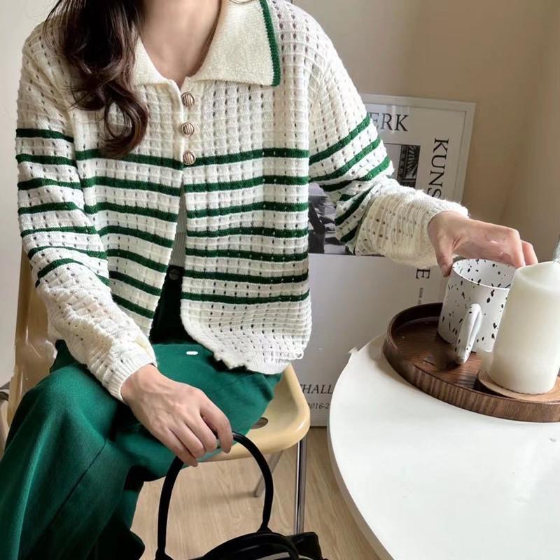 Hollow Striped Knitted Cardigan for Women In Autumn Winter Chic and Sweet Spicy Short Sweater Coat