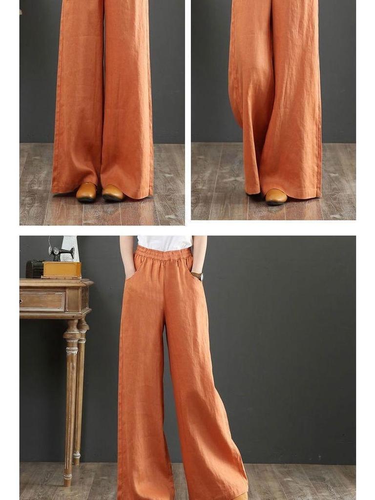 Pantaloni Larghi in Cotone e Lino Taglie Forti da Donna - Vita Elastica, Coulisse, Vestibilità Ampia per Primavera/Estate