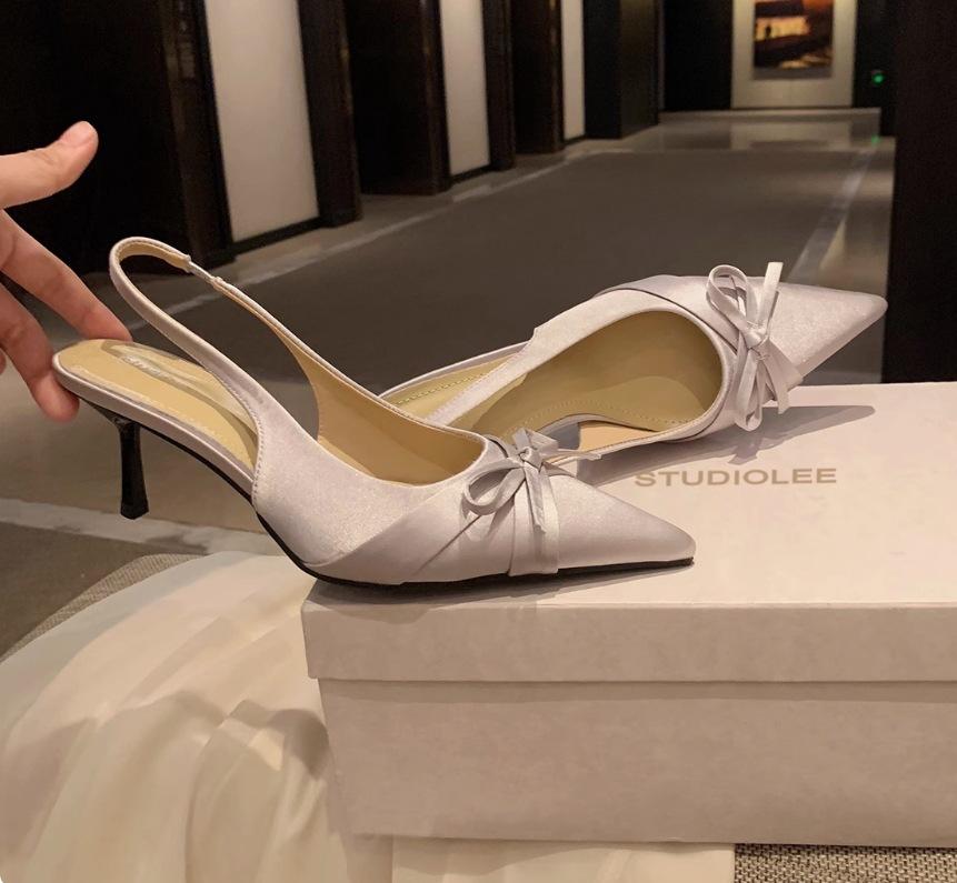 

Sheepskin version~ Grape mother bag head sandals women s legs length 7cm thin heels bow high heels pointed empty single shoes 35