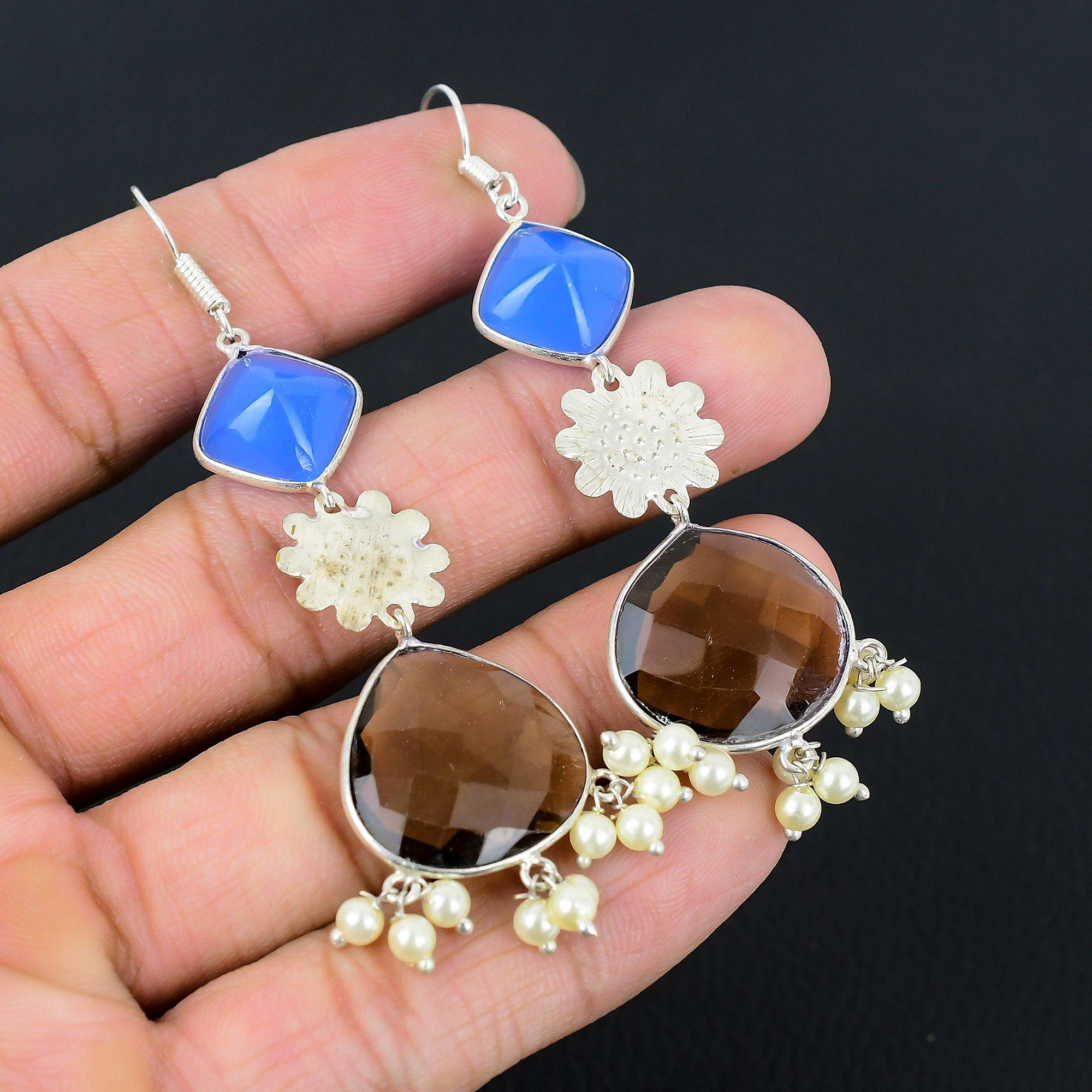 

Sterling Silver Smokey Quartz Gemstone Anniversary Drop Dangle Earrings Jewelry