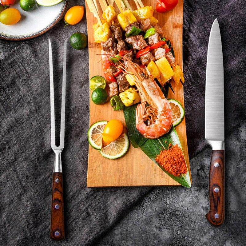 3Cr13 Edelstahl Grillmesser und Gabel mit Farbgriff Set Küchengeschirr Outdoor Braten Fleisch Kochutensilien