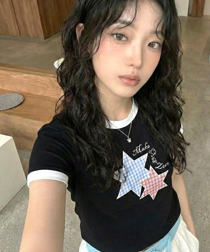 MOZMOZ Star Patch 2-Type Ringer Short Sleeve T-Shirt 2 Colors