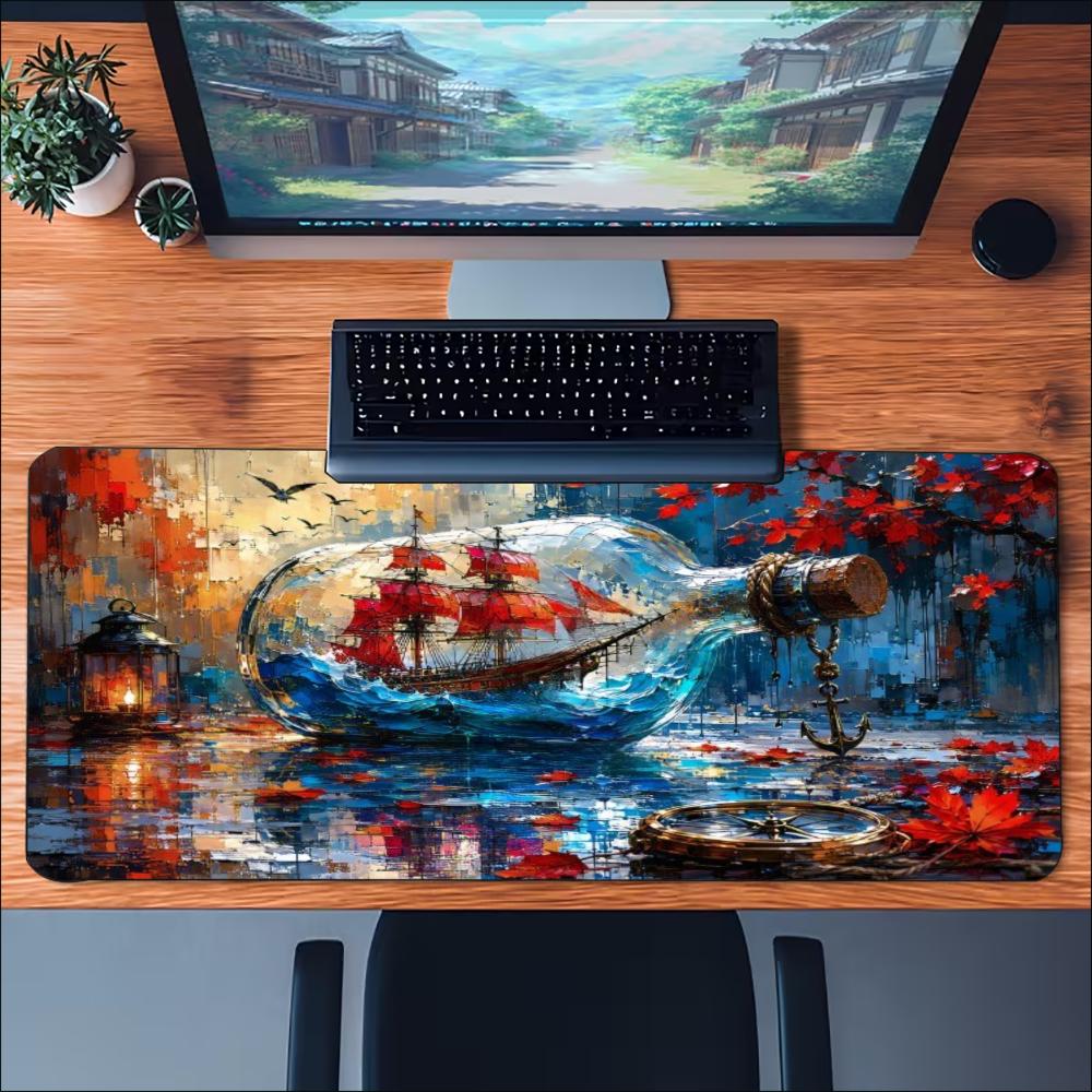Vibrant Ocean Sunset Boat Scenery Art Large Gaming Mouse Pad Non Slip Rubber Desk Mat For Laptop Keyboard Home Office Desktop