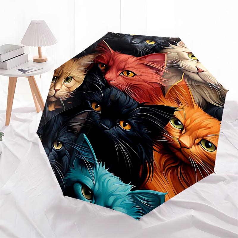 1pc Colorful Cat Faces Automatic Opening/Closing Umbrella, Portable Folding Design with Iron Frame, Perfect for Outdoor, Ideal Gift for Fans & Travele