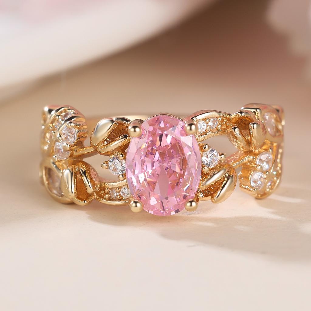 Cute Female White Pink Zircon Stone Ring Vintage Gold Color Wedding Jewelry For Women