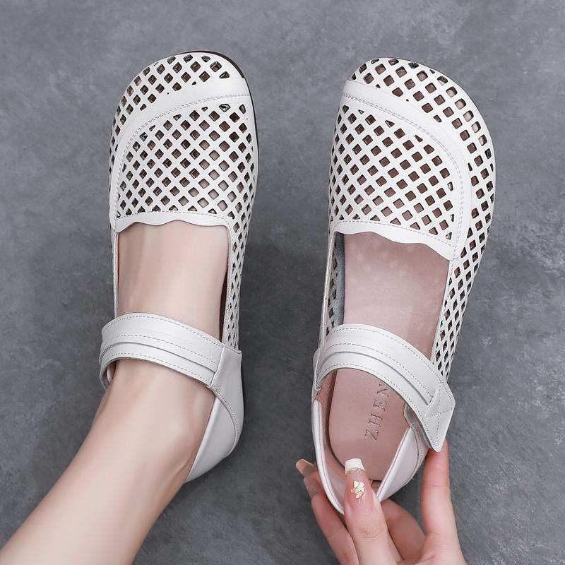 GKTINOO 2025 Summer Genuine Leather Hollow Shoes Woman Sandals Casual Mother Flat Soft Sole Comfortable Sandals Non-slip