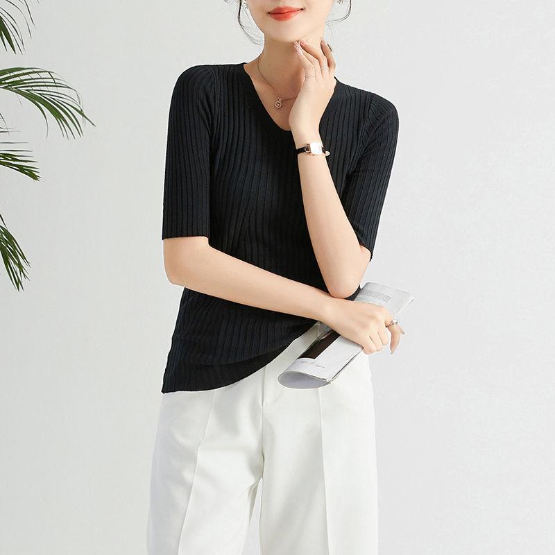 Women's Summer V-Neck Ice Silk Solid Color Knit Top Short Sleeve T-Shirt New Korean Style Loose Fit Casual Blouse