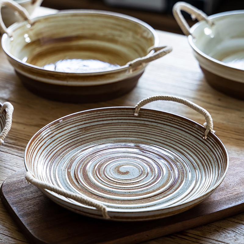 Japanese Vegetable Plate Retro Soup Plate Coarse Pottery Braided Rope Binaural Plate Creative Deep Plate Household Salad Fruit Plate Micro-Defects