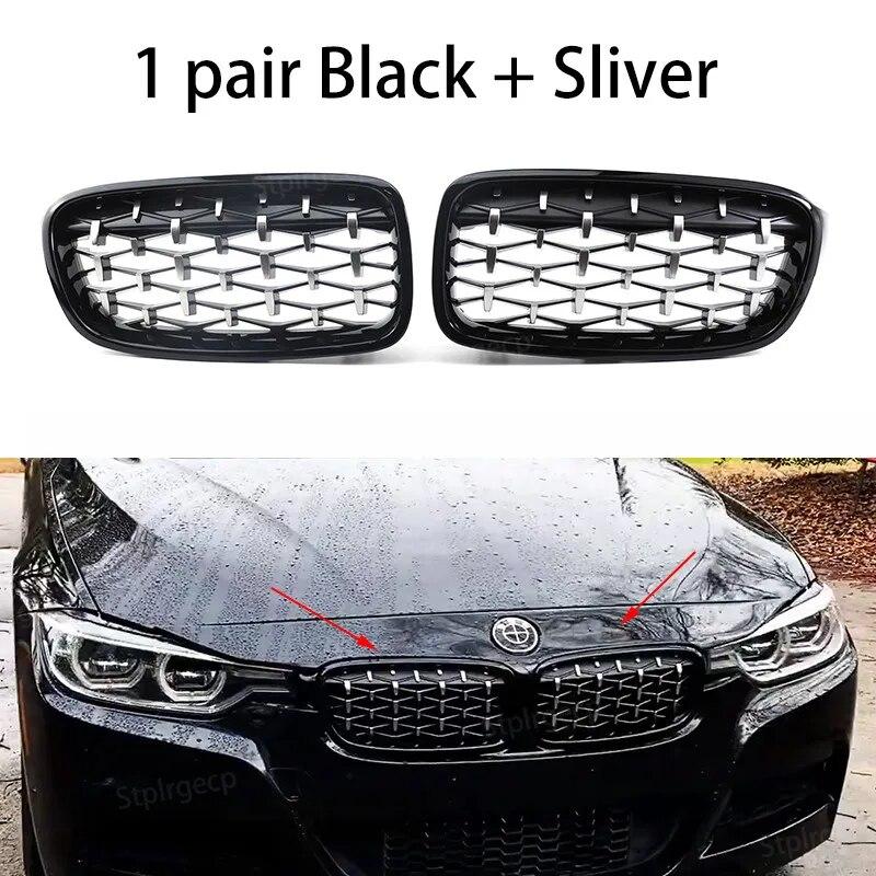 NEW-Glossy Black Dual Slats Front Kidney Grille Chrome Diamond Grill Replacement for BMW 3 Series F30 F31 F35 2011-