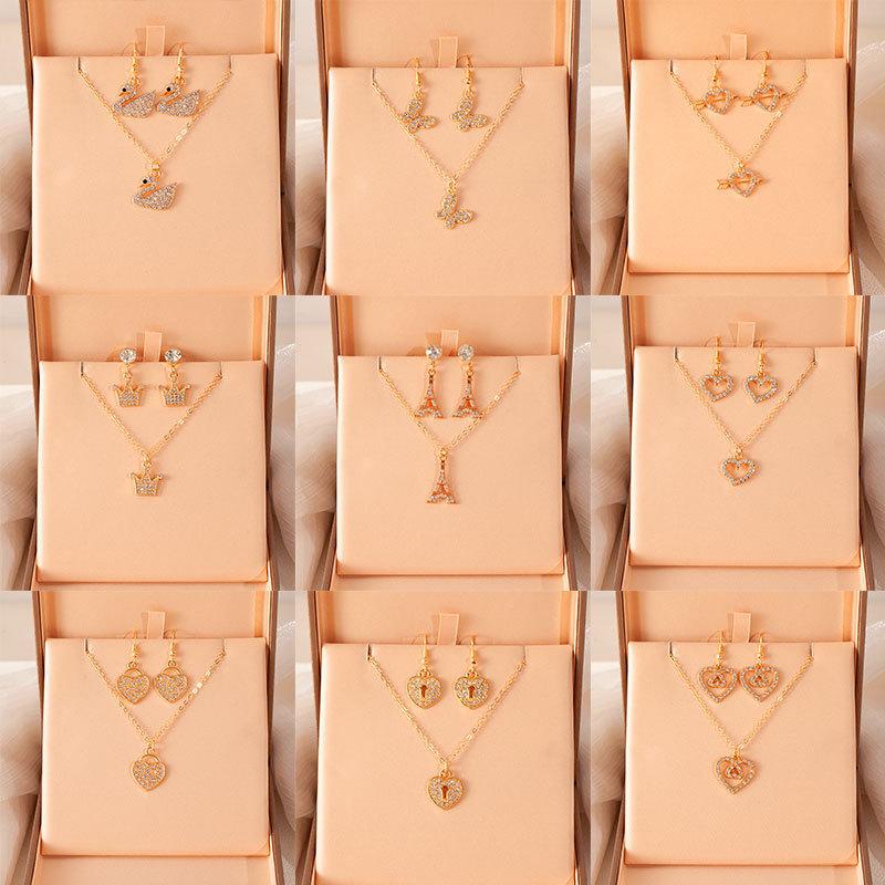 Simple Full Diamond Earrings Necklace Set Retro Love Butterfly Collarbone Chain Ear Hook Women'S Fashion Versatile Jewelry