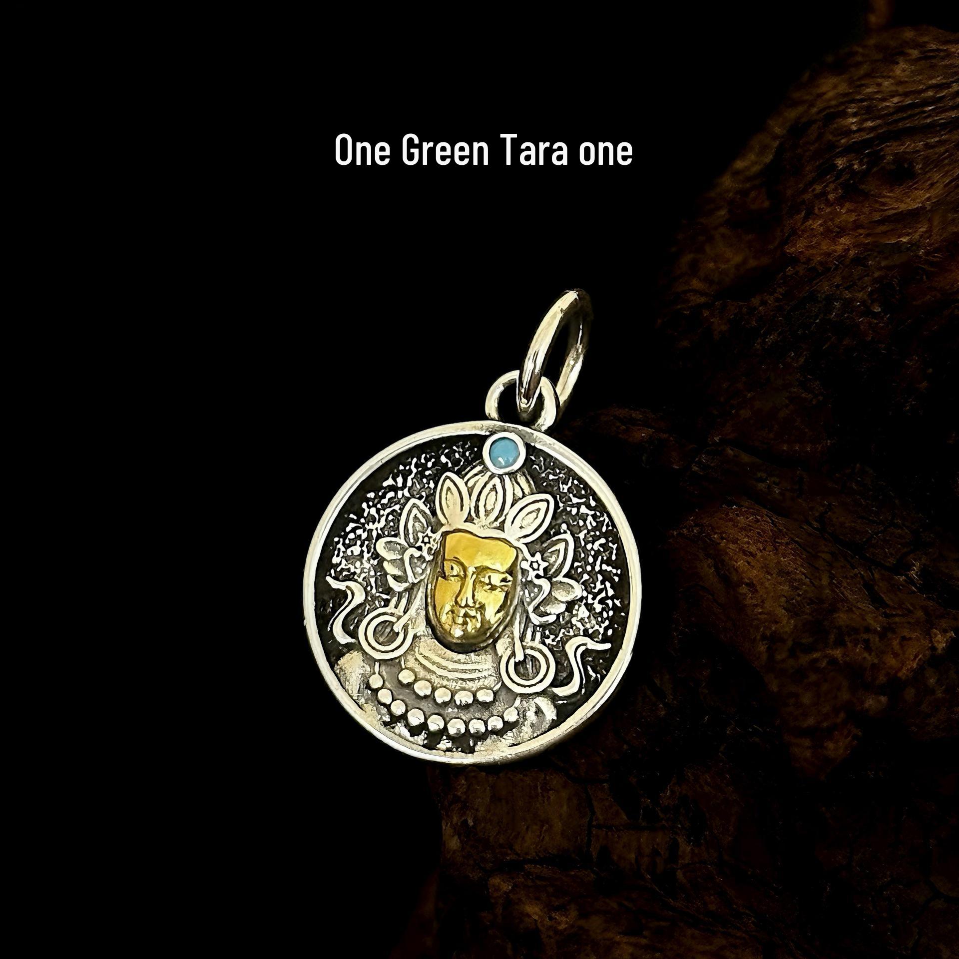 

S925 Sterling Silver Green Tara & Yellow Jambhala Double-Sided Vajra Pendant in Tibetan Style for Men and Women S925 Silver