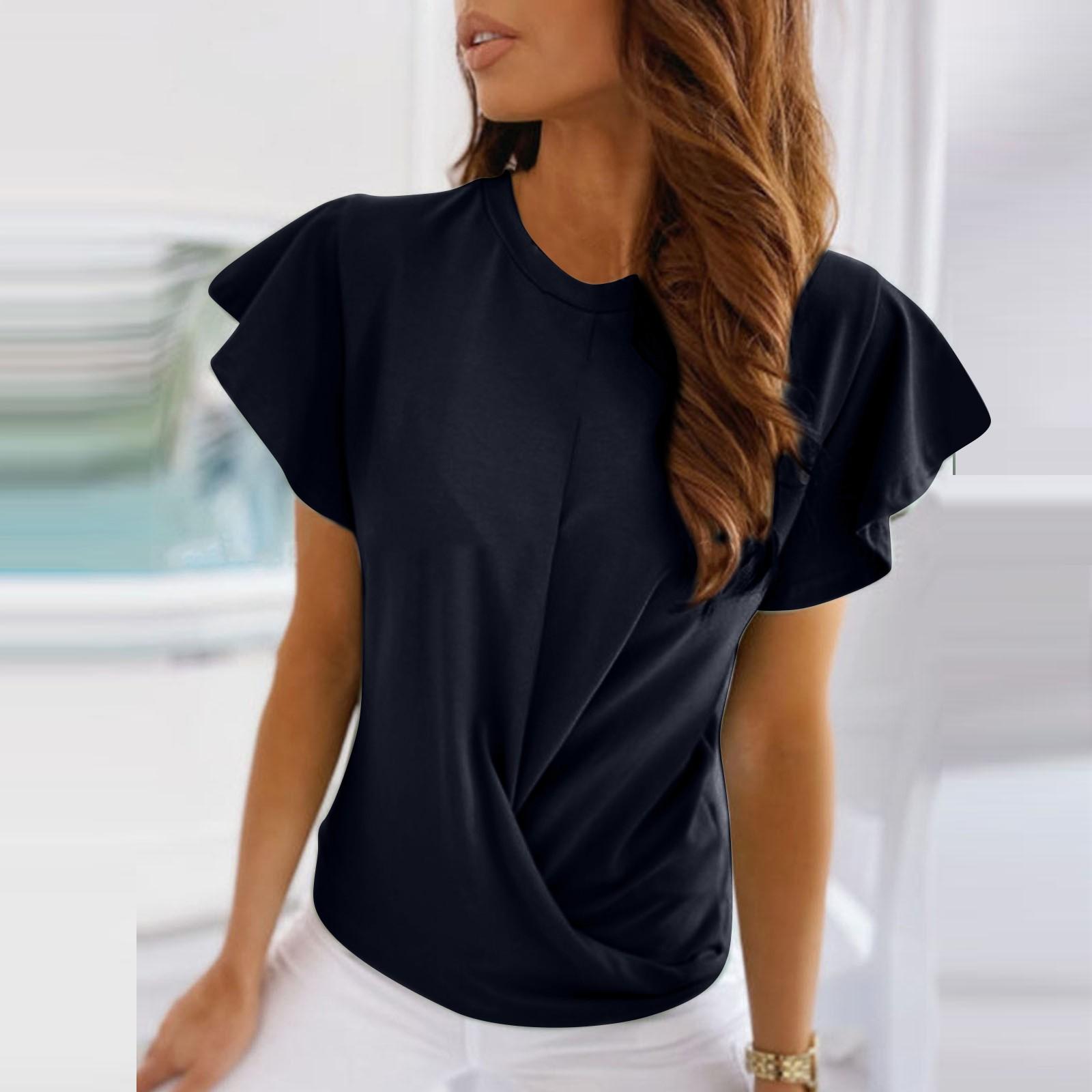 

Women s Fashion Color Round Neck Lace Short Sleeve Knotted T-shirt Top L чёрный