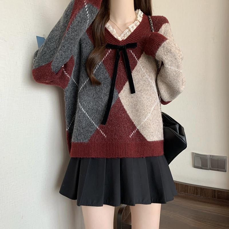 Women s Plus Size V-Neck Diamond Pattern Lace Sweater - Autumn/Winter Style, Exquisite Knitwear XL красный