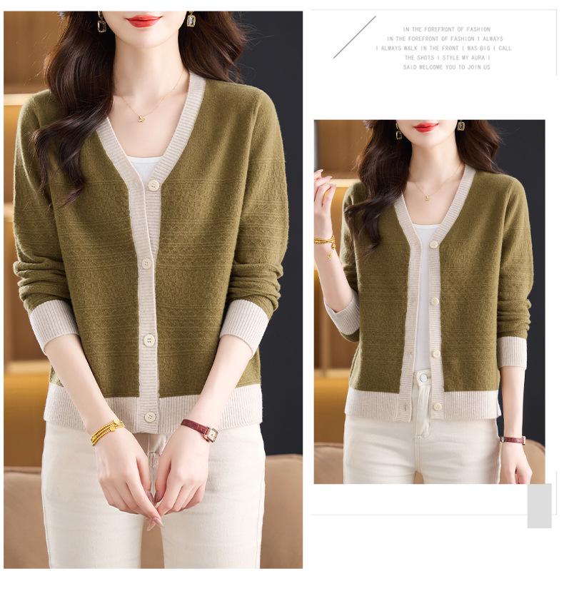 New Women's V-Neck Pure Wool Cardigan, Casual Knit Woolen Sweater Jacket