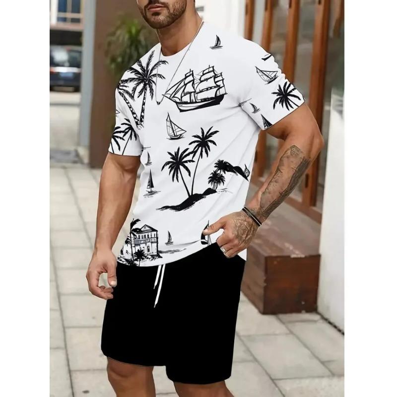 Set 2 piese Stil de vacanță pentru băieți Casual Sport Plajă Imprimeu cu model Confortabil și versatil Tricou cu mânecă scurtă Șort Ținută