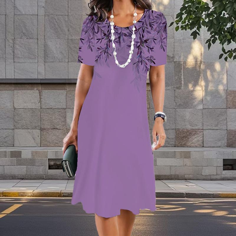 

Модное женское свободное простое платье-трапеция с принтом O-образным вырезом и коротким рукавом с принтом листьев 5XL фиолетовый