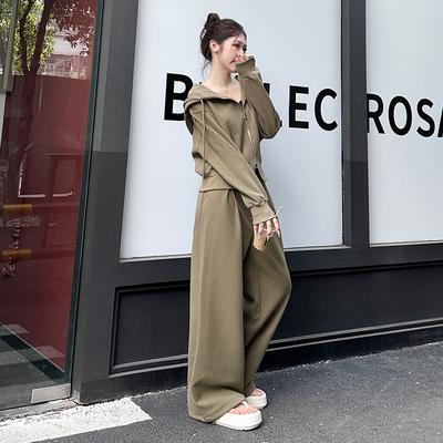 Sports and Leisure Suit Women's Early Spring Korean Version of Lazy Wind Knitted Hooded Sweater Coat Wide-leg Pants Two-piece Suit