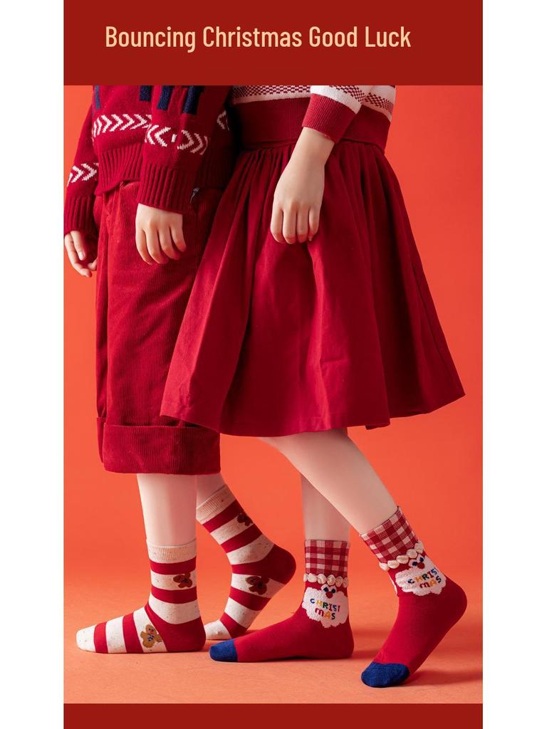 Festive Red Cartoon Mid-Calf Socks for Boys and Girls - Comfortable and Non-Constricting for Autumn and Winter