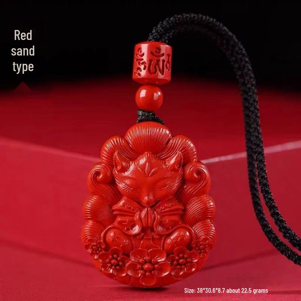 Cinnabar Zisha Red Nine-Tailed Fox Pendant Necklace & Keychain Charm
