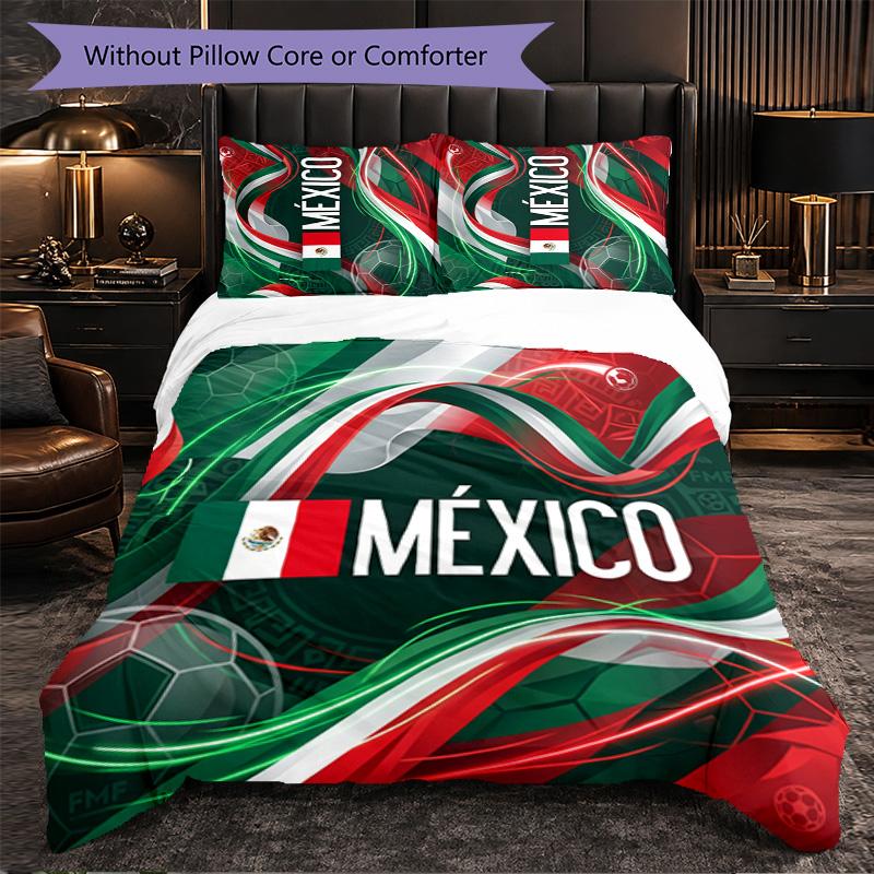 Mexico footbal Pattern 3 Pieces Bedding Set Soft Microfiber Duvet Cover with Pillow Cases for Bedroom