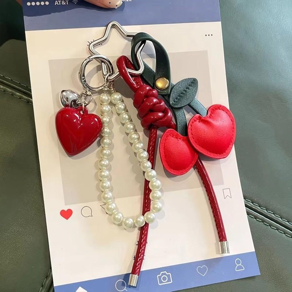 PU Leather Cherry Bag Charm Pearl Beads Cherry Key Ring Cherry Keychain Pendant Bag Decoration