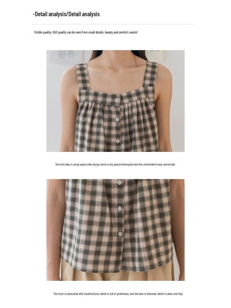 Japanese Style Fresh & Sweet Cotton Linen Plaid Camisole Vest for Women - Summer Loose Fit Top