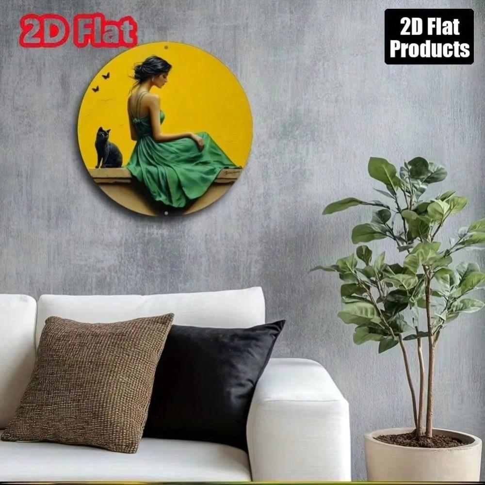 Vintage Round Metal Wall Art Black Cat Woman Home Decor Halloween