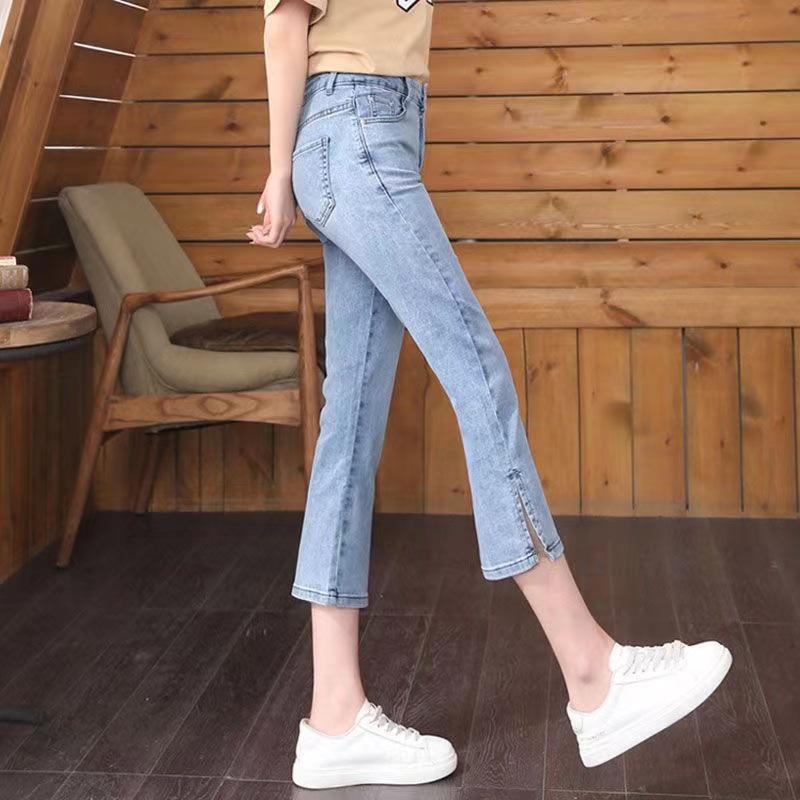 

Летние эластичные свободные джинсы с высокой талией для девочек длиной три четверти 31 синий