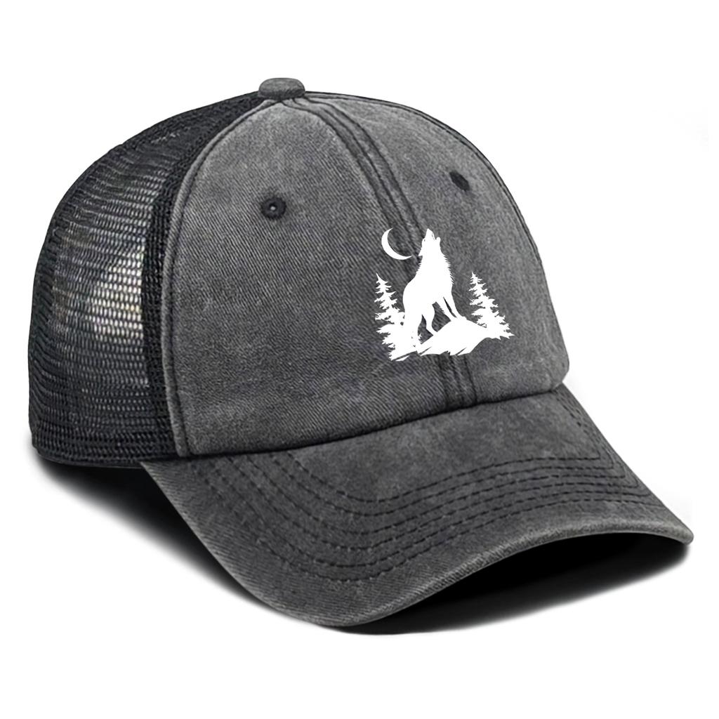 Howling Wolf Snapback Mesh Cap Forest Wolf Trucker Cap Solid Color Non-Stretch Fabric Adjustable Baseball Hat For Women & Men