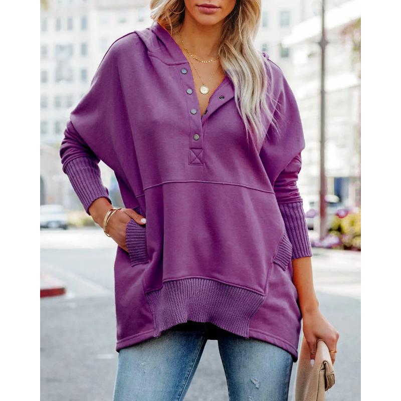 Casual Loose White Women Sweatshirt Autumn Winter V-neck Hooded Batwing Sleeve Hoodie Threaded Splicing Top For Women Pullovers 3XL фиолетовый