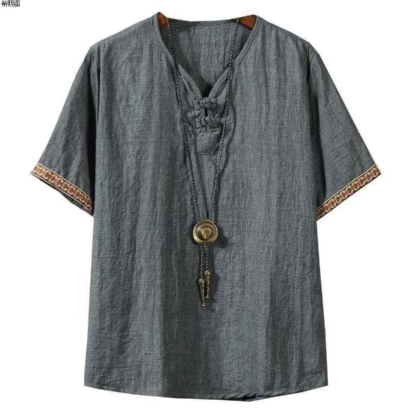 Loose Fit Linen Men s T-Shirt Embroidered Cotton-Linen Blend Thin Casual Button-Up Retro Chinese Style Top for Men 5XL темно-серого 1390₽
